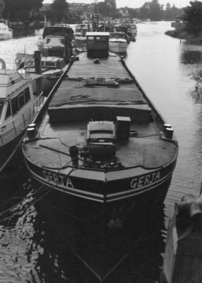 Black and white shot of Thames Venturer before she was refurbished, and renamed.